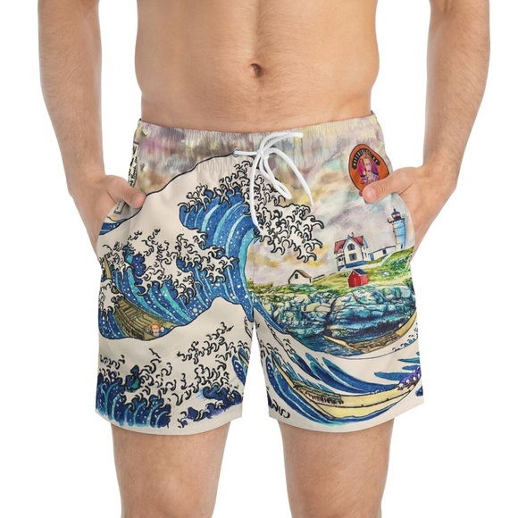 Great Wave Off Nubble Lighthouse Swim Trunks - Hokusai Inspired New England Art - Picture 12 of 13